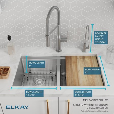 Elkay Crosstown 16 Gauge Workstation Stainless Steel, 31-1/2" x 18-1/2" x 9" Equal Double Bowl Sink Kit EFRUAQ31169TFGW